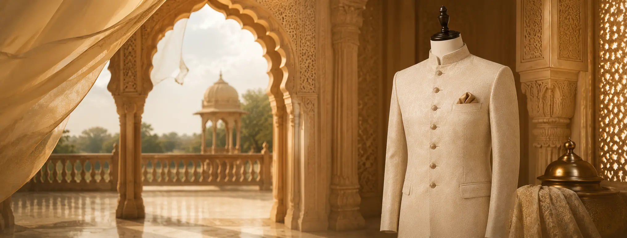 Luxury men's Jodhpuri bandhgala suit with structured fit and premium craftsmanship, ideal for weddings, receptions, festive celebrations, and formal occasions.
