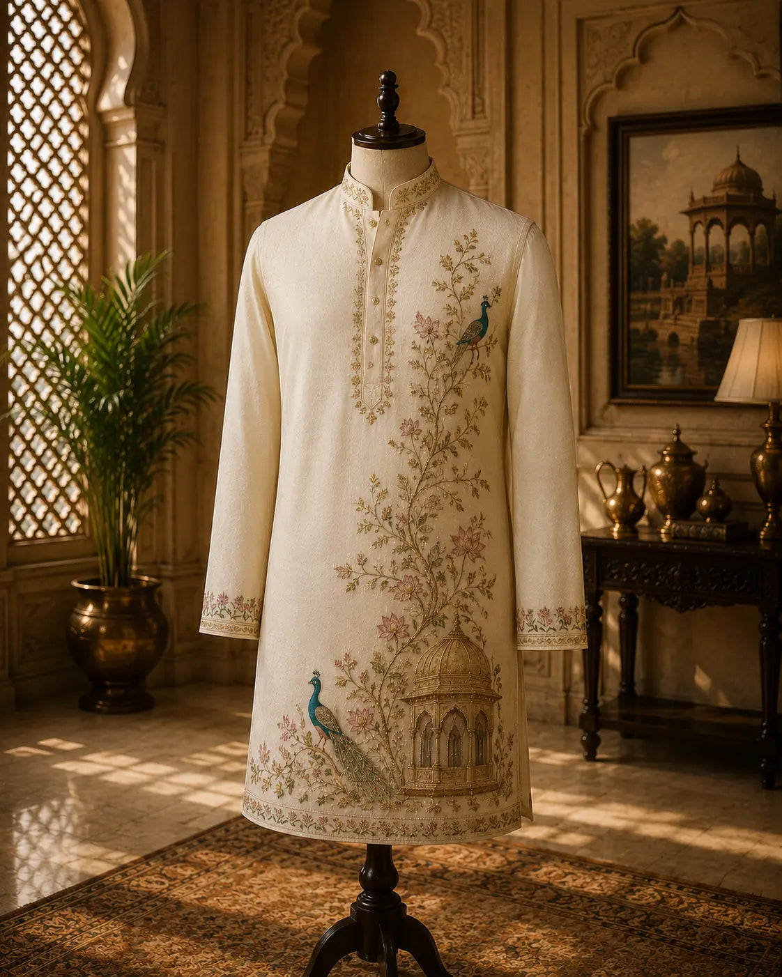 Yathochit Embroiderd Kurta for men, tailored bespoke party wear showcased in an elegant royal palace-inspired interior with warm golden ambiance.