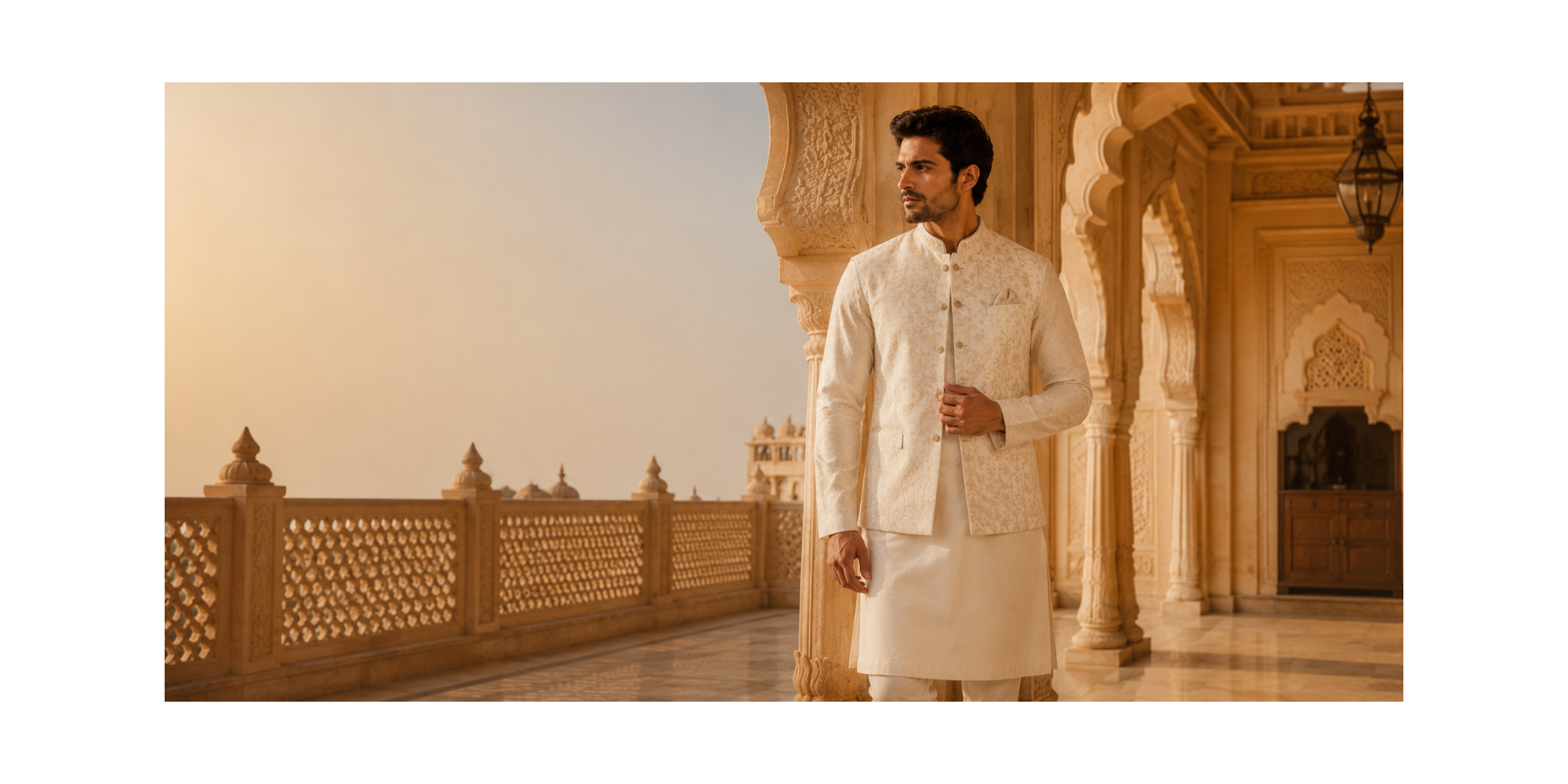 Man in traditional cream outfit standing in a desert palace setting