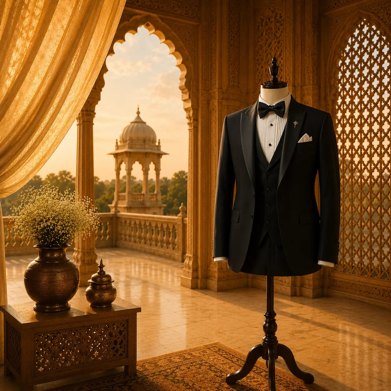Premium black 3-piece tuxedo suit for men featuring a tailored blazer, waistcoat, and trousers in a luxurious palace-inspired interior.