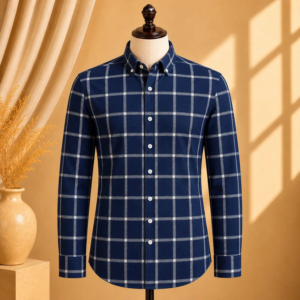 Premium Men's Cotton Shirt Blue Checks | Luxury Cotton Shirt for Casual, Wedding & Party Wear