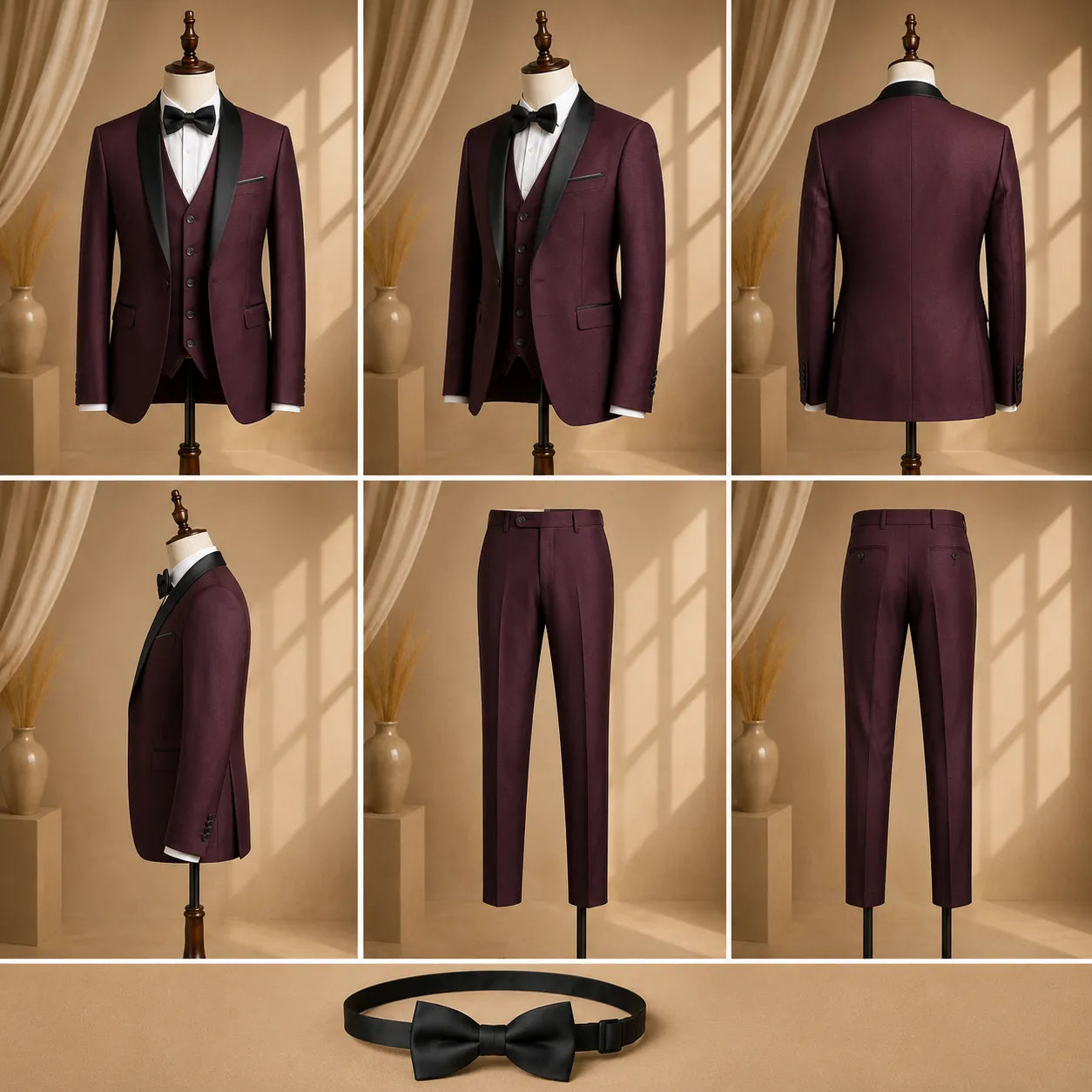 YATHOCHIT Premium Wine Tuxedo Suit With Trouser , Waist Coat & Bow for Men