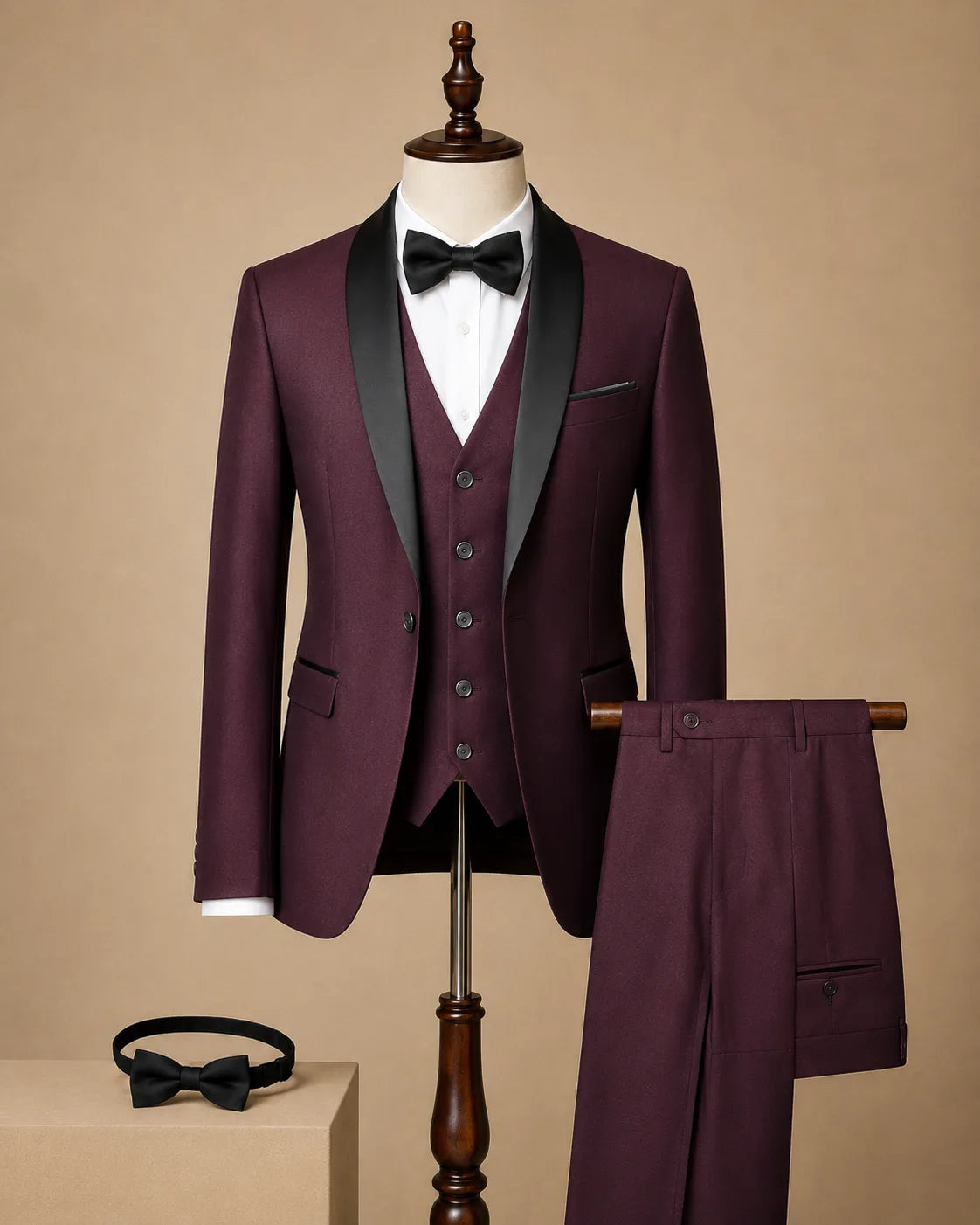 YATHOCHIT Premium Wine Tuxedo Suit With Trouser , Waist Coat & Bow for Men