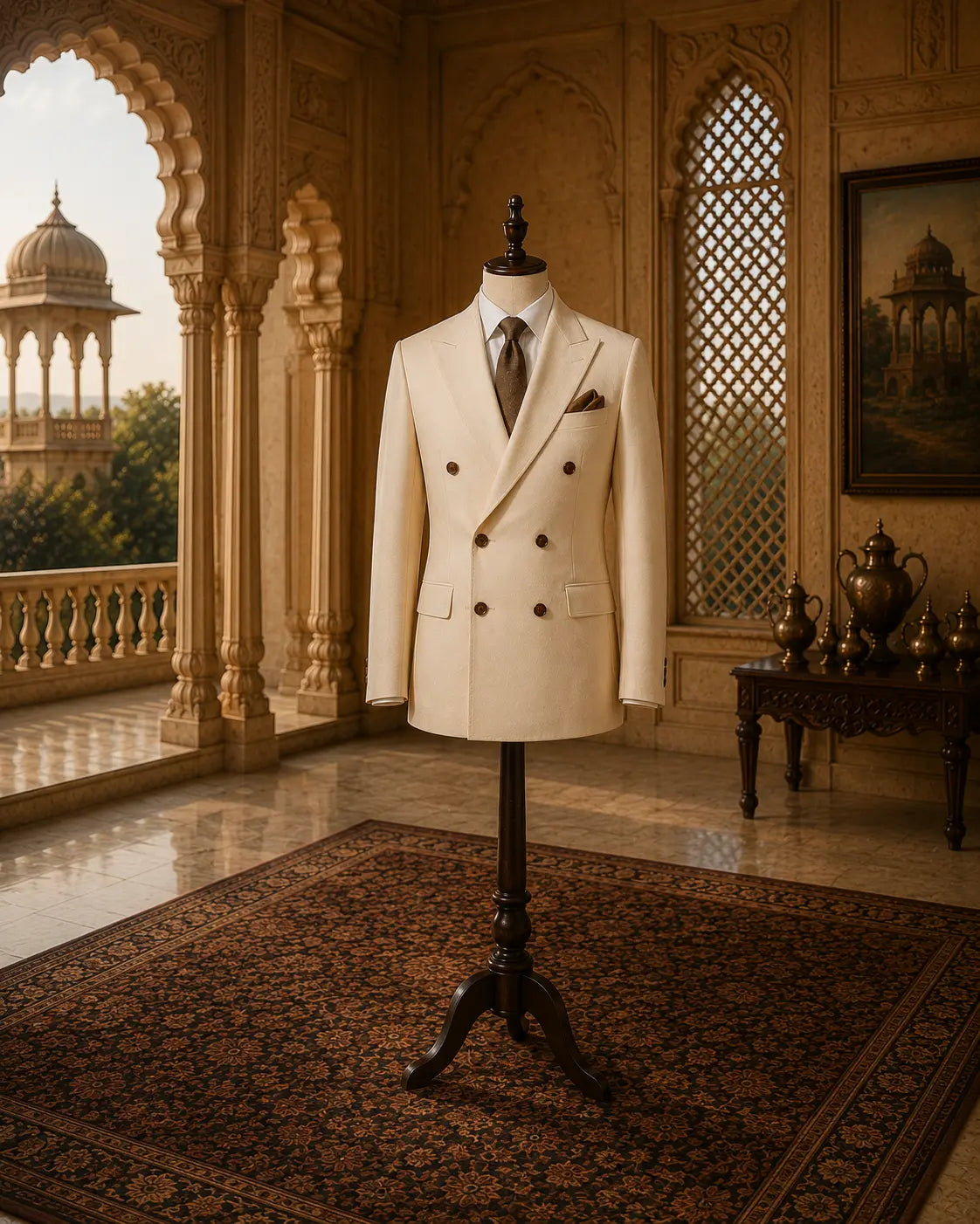 Premium cream double-breasted blazer for men displayed in a luxurious palace-inspired showroom with warm golden interiors.